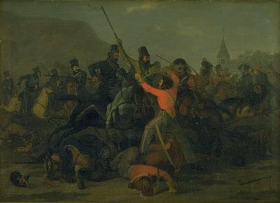 Eversti Boncke Bönnichsenin kaatuminen 6. joulukuuta 1813 Jyllannin lohikäärmeiden ja kasakkojen kaksintaistelun aikana tekijältä Jørgen V. Sonne