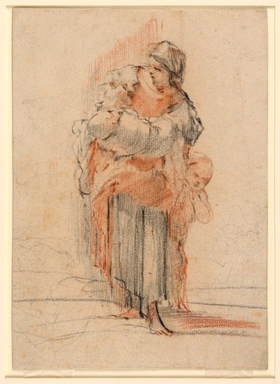 Piirros, nainen ja kaksi lasta, n. 1750 tekijältä Jérôme François Chantereau