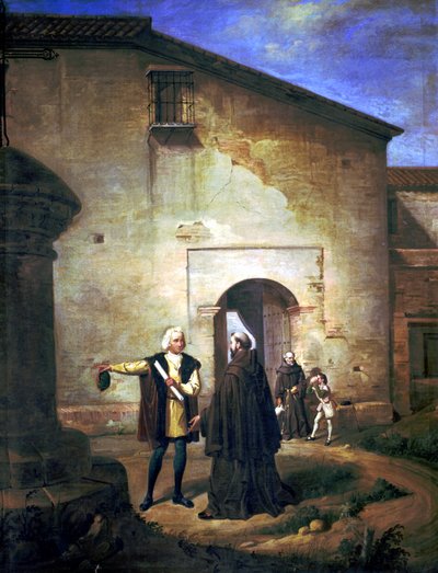 Kolumbuksen ja hänen poikansa Diegon saapuminen La Rabidan aikakauden luostariin vuonna 1485 (öljy kankaalle) tekijältä Juan Cabral Bejarano