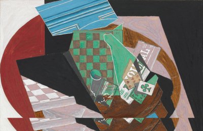 Checkerboard and Playing Cards, 1915 (guassia, grafiittia ja hartsia kermanväriselle paperimassalle, kiinnitetty kartongille). tekijältä Juan Gris