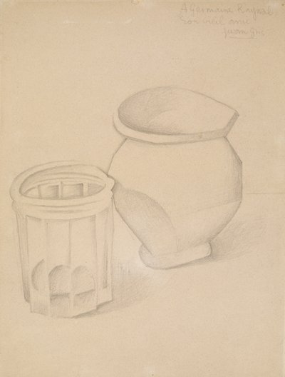 Lasi ja maljakko, n. 1911 (grafiitti kudottupaperille) tekijältä Juan Gris
