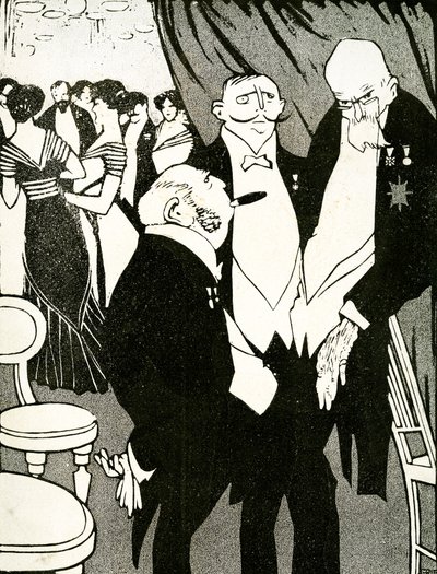 Venäjän lähettiläs keskustelee puolustavasta Turkista muiden johtajien kanssa konferenssissa vuonna 1908. tekijältä Juan Gris