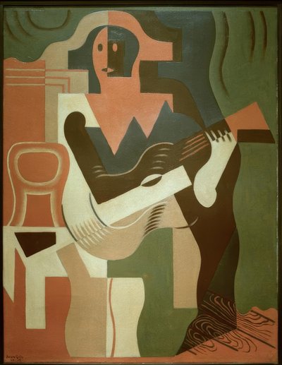 Istuva harlekiini kitaran kanssa tekijältä Juan Gris