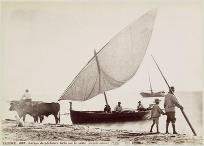 Ossen trekken vissersboot het strand op Valenciassa VALENCE.- Hiekalle piirretty kalastusvene. (luonnosta) (otsikko esineessä) tekijältä Juan Laurent