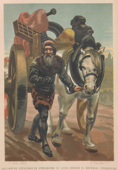 Johannes Gutenberg lähtee Strasbourgista. Lähde: Tiede ja sen miehet, 1879. tekijältä Juan Planella y Rodríguez