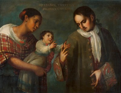 Espanjalainen ja mestizo-nainen lapsensa, "Castizon" kanssa. tekijältä Juan Rodríguez Juárez