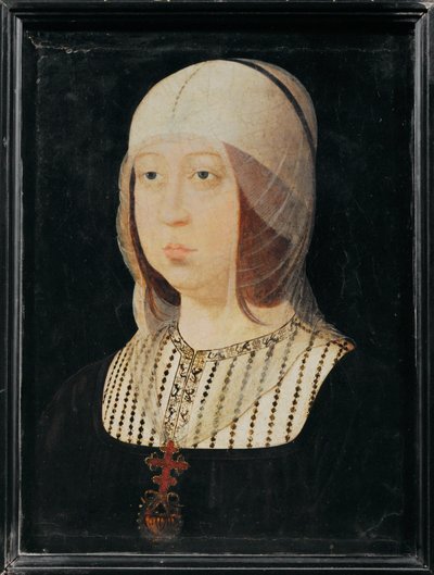 Kastilian katolinen Isabella, Aragonian Ferdinandin vaimo ... (maalaus puulle) tekijältä Juan de (attr. to) Flandes
