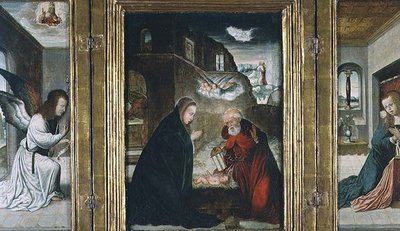 Kristuksen syntymä Triptyykki syntymän kanssa, jota reunustavat ilmestys (paneeli) (katso myös 82427) tekijältä Juan de (school of) Flandes