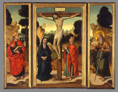 Ristiinnaulitseminen Neitsyen ja pyhien Johannes Evankelistan, Pietarin ja Paavalin kanssa, n. 1520-1540 tekijältä Juan de Borgoña