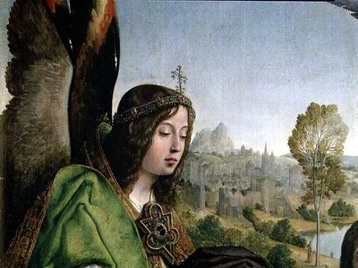 Kristuksen kaste, yksityiskohta enkelin päästä (öljy paneelissa) tekijältä Juan de Flandes