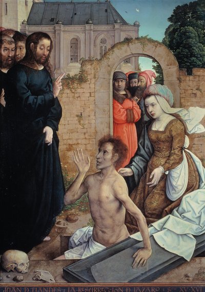 "Lasaruksen ylösnousemus" (Lasaruksen ylösnousemus) Juan (Jean) de Flandesin maalaus (versiot 1465-1519) - 1514-1519 Koko 110x84 cm Museo del Prado, Madrid tekijältä Juan de Flandes