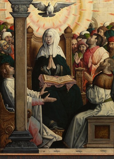 ""Helluntai"" (helluntai) Juan de Flandesin maalaus (versiot 1465-1519) 1514-1519 Koko 110x84 cm Museo del Prado, Madrid tekijältä Juan de Flandes