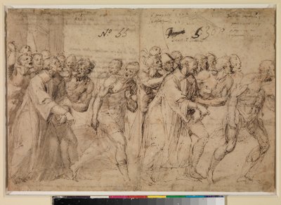 Kaksi tutkimusta "Pyhä Stefanus johdatetaan marttyyrikuolemaansa" (recto), 1556 tekijältä Juan de Juanes