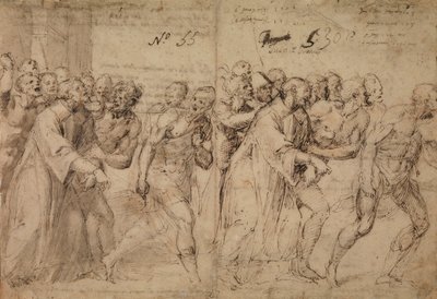 Tutkimus Pyhän Tapanin marttyyrikuoleman johdatukselle, 1566 (kynä ja ruskea muste, harmaa pesu ja (myöhemmin?) punaisen liidun jälkiä paperilla) (recto) tekijältä Juan de Juanes Juan de Juanes