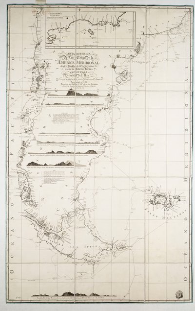Chilen, Patagonian, Tulimaan ja Falklandinsaarten kartta, noin 1798 (kaiverrus). tekijältä Juan de Langara