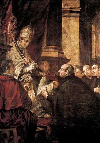 Pyhä Ignatius Loyola vastaanottaa jesuiittojen ritarikunnan bullan paavi Paavali III:lta, Juan de Valdes Lealin maalaus. tekijältä Juan de Valdes Leal