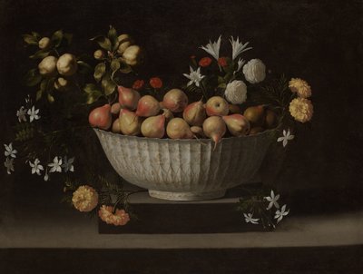 Kukkia ja hedelmiä kiinalaisessa kulhossa tekijältä Juan de Zurbaran