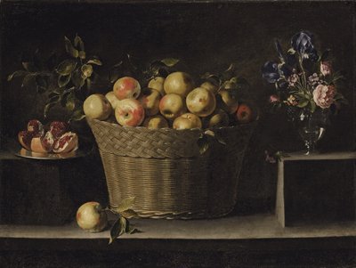 Omenat pajukorissa, granaattiomena hopealautasella ja kukkia lasimaljakossa tekijältä Juan de Zurbaran