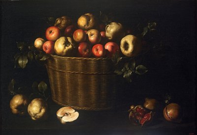 Omenoita, kvitteneitä ja granaattiomenoita sisältävä kori tekijältä Juan de Zurbaran