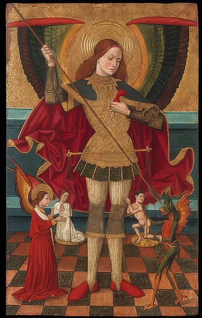 Arkkienkeli Mikael punnitsee kuolleiden sieluja. Noin 1485 tekijältä Juan de la Abadía