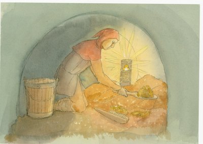Keskiaikainen gongfermour tai gong-viljelijä töissä, 2004. tekijältä Judith Dobie