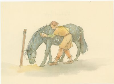 Keskiaikainen sulhanen harjaa hevosta, 2004. tekijältä Judith Dobie