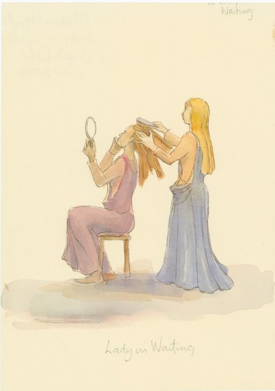 Keskiaikainen nainen odottaa, harjaa naisen hiuksia, 2004. tekijältä Judith Dobie