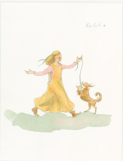 Keskiaikainen nainen leikkii koiran kanssa, 2004. tekijältä Judith Dobie