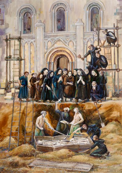 Arthurin ja Guiniveren kaivaminen Glastonbury Abbeyssa, Somersetissä, 1193 2010 tekijältä Judith Dobie
