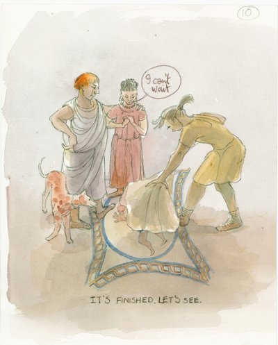 Käsityömestari paljastamassa mosaiikkilattiaa Marcukselle ja Julialle, 2003. tekijältä Judith Dobie
