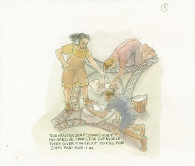 Kaksi työntekijää saumaamassa käsityömestarin valmistamaa ja valvomaa lattiapaneelia, 2003. tekijältä Judith Dobie