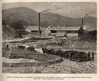 Meksikon arastrat (muulien jalkojen tallaama alue, kuten blesin polkeminen) hopeamalmien jauhamiseen ja yhdistämiseen (Gould- ja Curry-tehtaat) Virginia Cityn (Nevada) läheisyydessä, kaiverrus J.Feratin piirustuksen mukaan , kuvitus tekijältä Jules (after) Ferat
