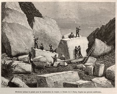 Mormonit kaivertavat graniittia temppelin rakentamiseen. Kaiverrus J.Feratin piirustuksen jälkeen havainnollistamaan tarinaa La conquete blanche, kirjoittanut William Hepworth Dixon, vuonna 1875, julkaistu "" Le tour du monde""" 1876, toimittanut Edouard C tekijältä Jules (after) Ferat