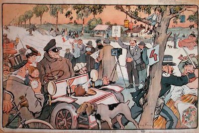 Karikatyyri M. Fournierista lähdössä Pariisin ja Berliinin rallille tekijältä Jules Abel Faivre