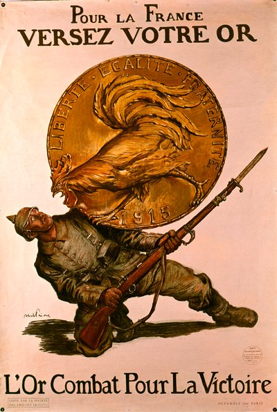 Ranskan ensimmäisen maailmansodan juliste, joka rohkaisee ihmisiä tallettamaan rahaa pankkiin sotaa varten, 1915 tekijältä Jules Abel Faivre