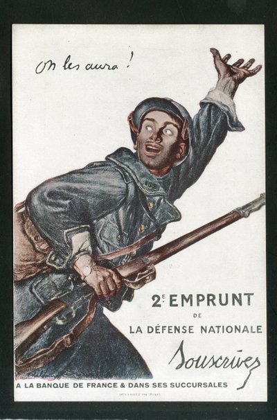 Postikortti, satiirinen väreissä: Sota 14-18, Lainaus, Isänmaalliset matkat - Sotilaat Kuvitus: Abel Faivre (1867-1945) tekijältä Jules Abel Faivre