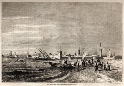 Näkymä Essaouirasta (entinen Mogador), Jules Noelin (1810-1881) piirustus havainnollistamaan Mr.F. Schicklerin matka Marokkoon vuonna 1860. Kaiverrus "" Le tour du monde, nouveau journal des voyages" Paris tekijältä Jules Achille Noel