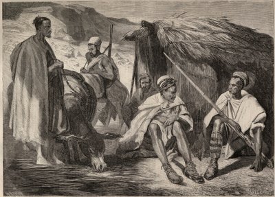 Kabyl-heimot Algeriassa 1857. Kaiverrus Jules Rigon piirustuksen mukaan. Kaiverrus "Le Monde illustrious" -kirjoitukseen vuodelta 1857. Yksityinen kokoelma. tekijältä Jules Alfred Vincent (after) Rigo