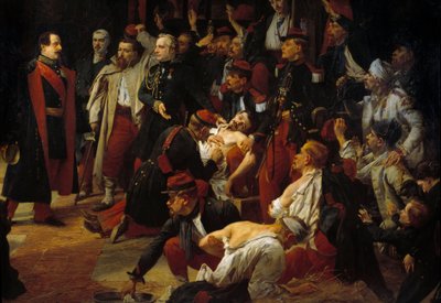 Keisari Napoleon III vierailee Ranskan, Piemonten ja Itävallan Montebellon taistelun haavoissa Vogheren ambulansseissa toukokuussa 1859 Detail. Jules Rigon (1810-1892) maalaus 1859 Pariisi, Val de Gracen museo tekijältä Jules Alfred Vincent Rigo