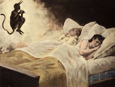 Hans Caruel (Carufel), Melinden kuningas, ja hänen vaimonsa nukkuvat sängyssään. Saatana antaa miehelle sormuksen, jotta vaimo pysyisi uskollisena hänelle. Pantagruel. Jules Garnierin kuvitus. Rabelais ja Jules Garnierin teokset tekijältä Jules Arsene Garnier