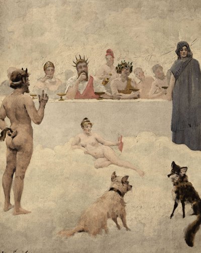 Puutarhojen jumala Priapus takaisin jumalten neuvoston eteen. Keskellä Iupiter (Jupiter, Zeus). Hänen vasemmalla puolellaan Bacchus (Dionysos, Bacco). Tuolla alhaalla koira ja kettu. Pantagruel. Jules Garnierin kuvitus. Teoksessa "Rabelais et l