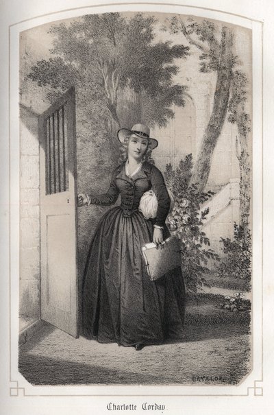 Muotokuva Charlotte Cordaysta (1768 - 1793). kreivitär DROHOJOWSKAn teoksessa ”Ranskan maineikkaat naiset”. KUVITUKSET DRUTS OF MM JULES JA BAYALOS. noin 1850. tekijältä Jules and Bayalos Aime de David