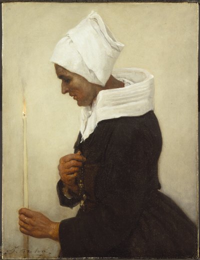 Bretonilainen talonpoikanainen pitelee kartiota, n. 1869 tekijältä Jules Breton