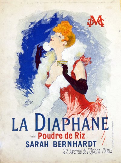 Mainos: "" La Diaphane: Riisijauhe""" Henriette Rosine Bernard, jäsen Sarah Bernhardt tekijältä Jules Cheret