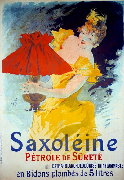Tuotteen "Saxoleine Petrole de surete" mainosjuliste: Nainen laittaa öljyä lamppuun. Jules Cheretin (1836-1932) julistemainos "Saxoleine", turvalamppuöljy tekijältä Jules Cheret