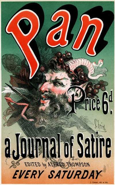 Juliste (1884) satiiriselle sanomalehdelle "Pan", toimittanut Alfred Thompson - Kuvitus Jules Cheret (1836-1932) - Ote artikkelista ""Les maîtres de l