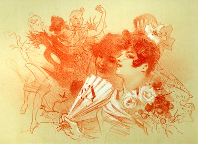 Juhlissa - Jules Cheretin (1836 - 1932) piirustus (sangviini) - nuoret naiset ja tanssijat - tanssi - yksityinen kokoelma - tekijältä Jules Cheret