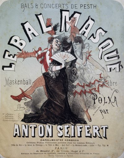 Pesthin juhla ja konsertti: naamiopallo (Maskenball, kuuluisa Anton Seifertin polka) - juliste Jules Cheret, n.d. tekijältä Jules Cheret