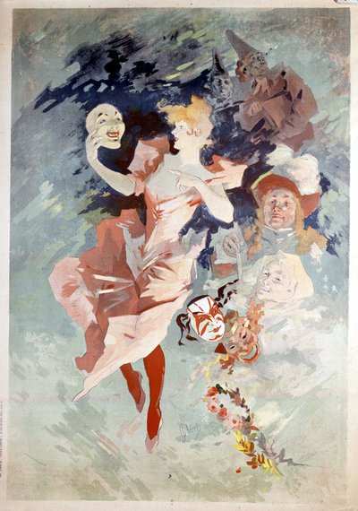 Jules Cheretin karnevaalijuliste: nainen naamiolla, B.N. Pariisi. 1800-luvulla. tekijältä Jules Cheret