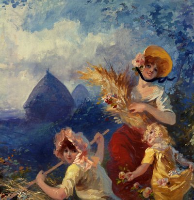 La Terre Allegorie edustaa nuoria naisia, joilla on vehnäsaappaat sadonkorjuun taustalla. Yksityiskohta. Jules Cheretin (1836-1932) kuvakudoslaatikko 1900-luvun Nizza, Musee Cheret tekijältä Jules Cheret